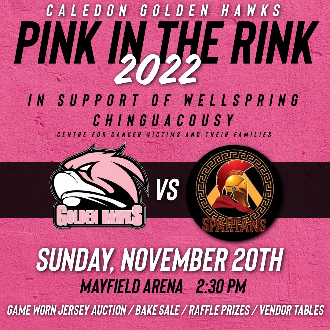 Pink In The Rink is back!!!

Next Sunday, Nov-20, our Pink In The Rink game returns in support of @wellspringchinguacousy, as we host the @innisfilspartans!

As always, we’ll have a Bake Sale, Raffle Prizes, along with various Vendor Tables, and a very special jersey ceremony!

It is the best night of the season, so be sure to come out and bring everyone you know and show your support for your team and this amazing cause!

Thanks to our sponsor, @fullerlandau, for making this event possible. 
 
#ShutOutCancer