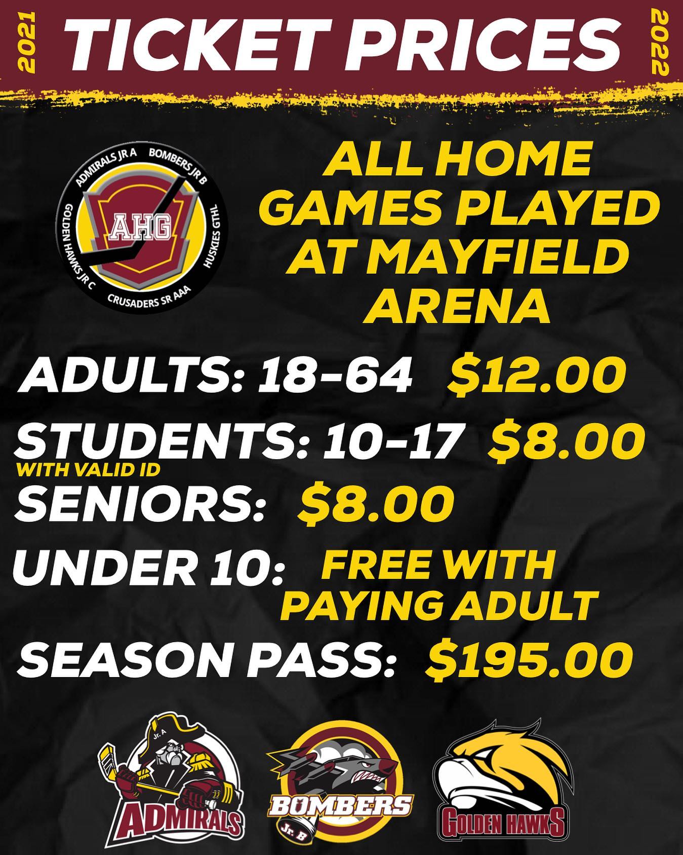 Ticket prices for the Arsenault Hockey Group’s 2021-22 seasons!

Upon arrival to Mayfield Arena, fans will have to complete a Covid-19 screening and adhere to protocols set out by the facility.

We can’t wait to see you there!